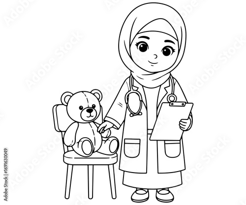Cute Muslim Pediatrician Girl Cartoon Line Art Illustration