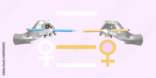 Two hands holding pencils reaching towards each other with gender symbols below them