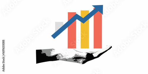 Stylized hand holding a bar graph with an upward trending arrow symbolizing financial growth and success