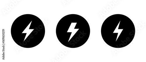 Lightning bolt icon in black circle. Electric power and energy symbol for electricity, voltage, and charging design