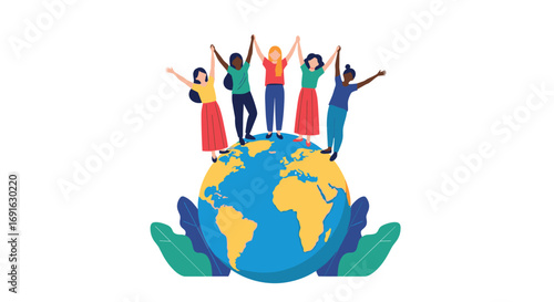 Diverse women unite on Earth, empowering global community and showcasing unity with the planet