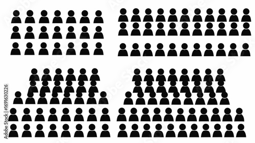Diverse groups of people icons representing audience, team, or community in organized arrangements
