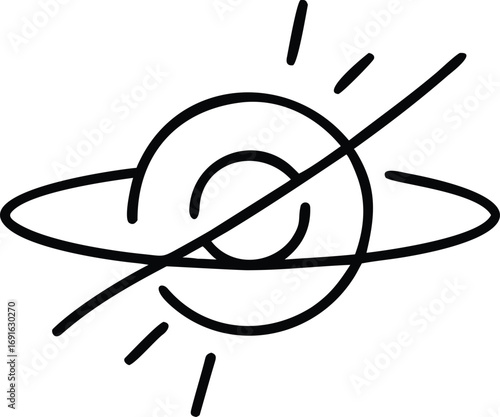 Simple line art of a planet with rings and sun beams