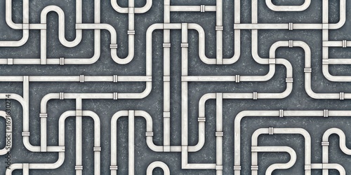 Intricate network of white industrial pipes and conduits forming a complex maze pattern on a dark textured background