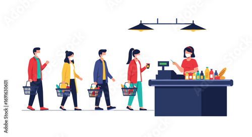 People wearing masks at supermarket checkout, customers shopping with baskets during pandemic, safe shopping