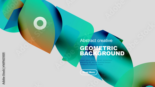 Abstract geometric shapes, vibrant colors, modern design. Text present suggests creative background, call to action visible.