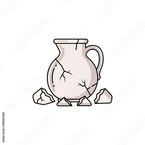 Vector illustration of empty ceramic and glass jugs, one white jug with handle for cold drinks that has cracks
