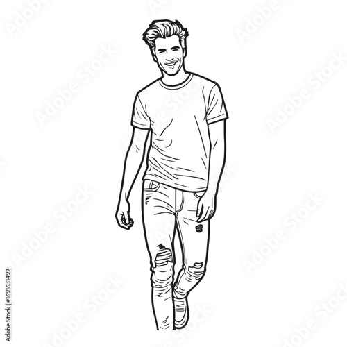 Handsome Man Black and White Illustration Vector Image Male Portrait Fashion Sketch Line Art Design	
