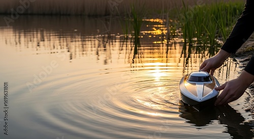 Person launching remote control boat at sunset