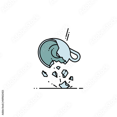 Vector art illustration of a glass cup falling and breaking due to earthquake effects