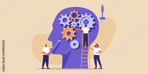 Teamwork and collaboration building ideas and solutions inside a human head with gears