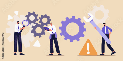Team of professionals working together to fix and optimize a complex system with gears and tools