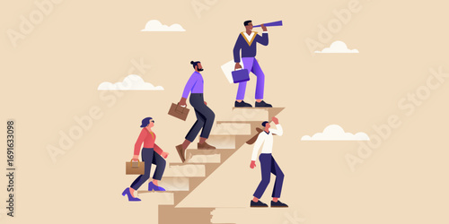 Diverse group of business people climbing stairs towards future opportunities and success with one looking through a telescope