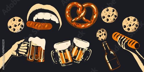 A fun and quirky illustration featuring beer mugs cookies a pretzel and a sausage being eaten with a bite taken out of a mouth
