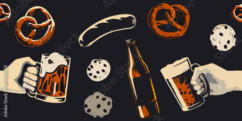 Hands holding beer mugs and pretzels with sausage and cookies on a dark background