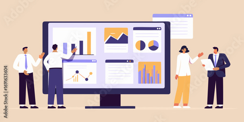 Business team collaborating and analyzing data on a large computer screen with various charts and graphs