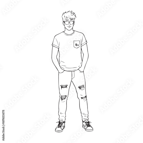 Handsome Man Black and White Illustration Vector Image Male Portrait Fashion Sketch Line Art Design	
