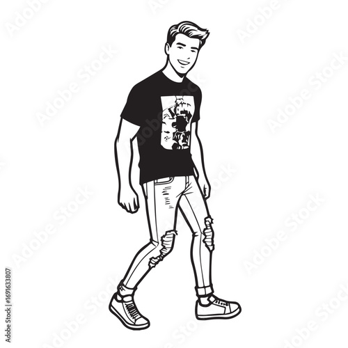 Handsome Man Black and White Illustration Vector Image Male Portrait Fashion Sketch Line Art Design	
