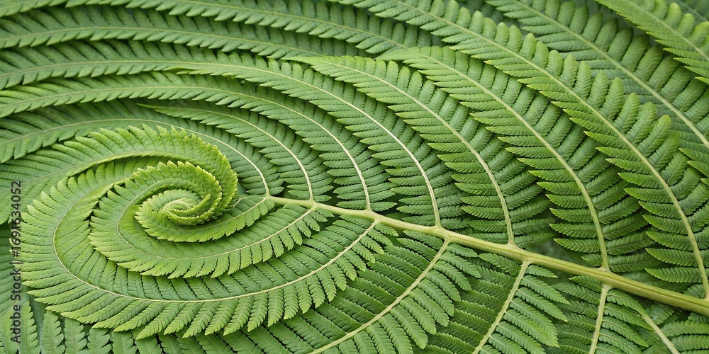Fototapeta premium Close up of a vibrant green fern frond unfurling in a perfect spiral pattern
