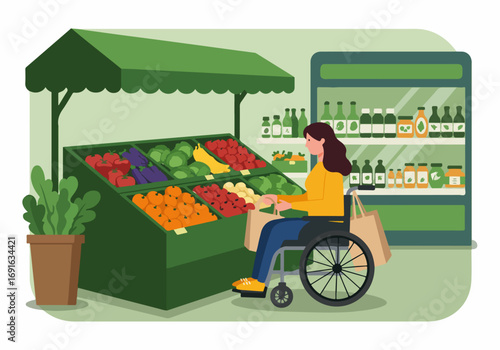 An inclusive lifestyle A woman in a wheelchair shopping for fresh produce at an accessible grocery store, promoting health and well-being
