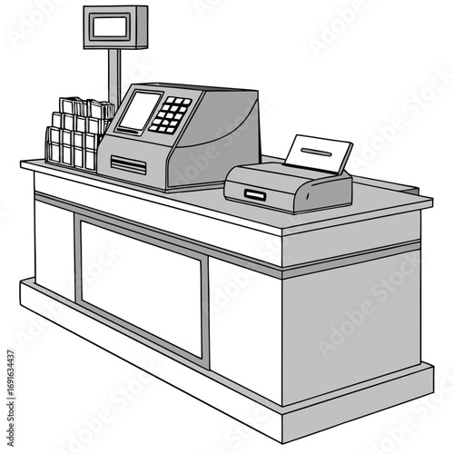 Cash register and printer on a counter in a store.