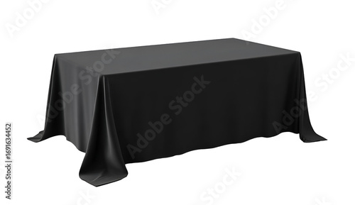 A sleek black table draped elegantly, perfect for various events and gatherings, adding a touch of sophistication to any setting.