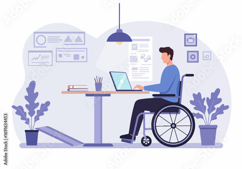 Showcasing an inclusive and accessible modern lifestyle, with a disabled professional working remotely in an adaptive home office