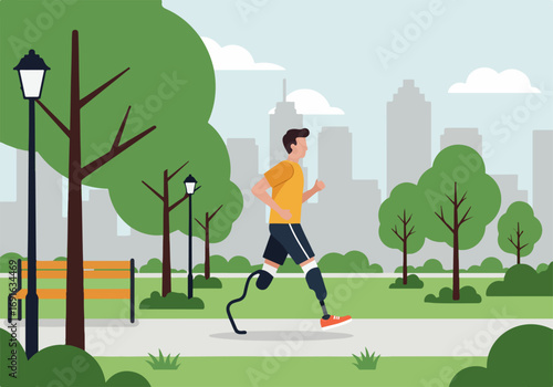 Inclusive Lifestyle A Runner with a Prosthetic Leg Embraces Fitness and Overcomes Challenges in a Park Setting, Promoting Determination and Active Living