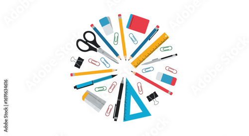 Creative school supplies flat lay conveys education, learning, back to school, and office organization
