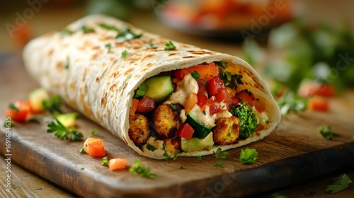 A vibrant falafel wrap, packed with fresh vegetables and tahini sauce