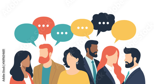 Diverse team brainstorming innovative ideas with speech bubbles in modern office setting illustration