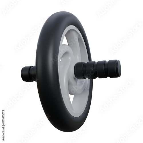 A realistic 3D render of a gym roller wheel in black and white color with detailed grip handles.