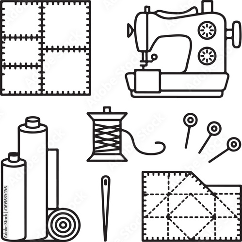 Hand-Drawn Quilting Icon Pack Patchwork Blocks, Fabric, Needle, Thread, Sewing Machine, and Handmade Quilt Motifs