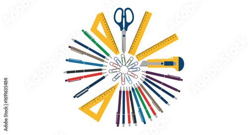 Colorful school and office supplies arranged in a creative circle flat lay design for education projects