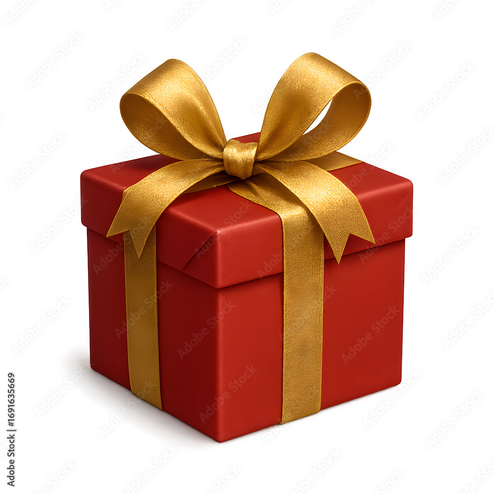 Fototapeta premium Red Gift Box with Golden Ribbon and Bow – Christmas Holiday Present Illustration | Transparent Background