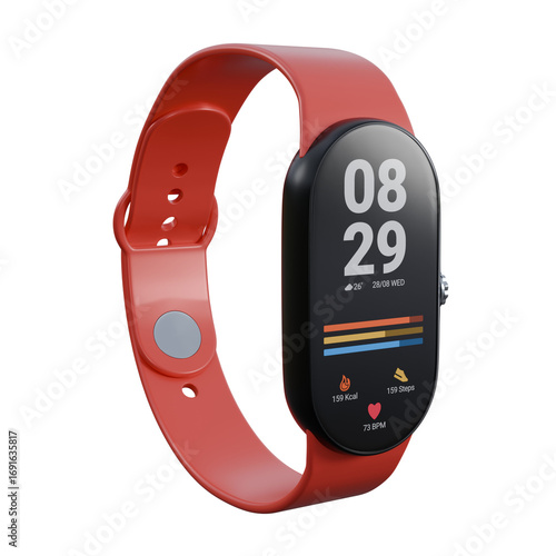 A realistic 3D render of a red smartwatch designed for fitness and exercise.