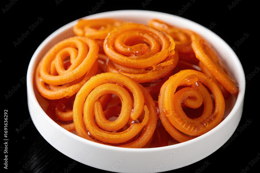Fototapeta premium Sweet indian jalebi spiral pastries in a white bowl