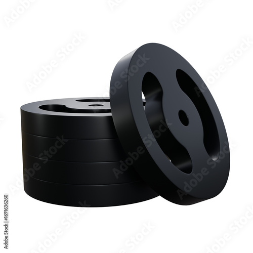 High-quality 3D illustration of a stack of black metal weight plates symbolizing durability