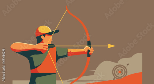 A stylized archer at full draw, rendered in warm, earthy tones. This minimalist illustration captures the intense focus and unwavering precision right before the arrow is released toward its target