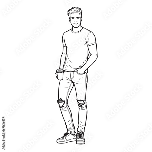 Handsome Man Black and White Illustration Vector Image Male Portrait Fashion Sketch Line Art Design	
