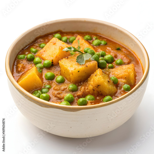Comforting North Indian curry made with potatoes and green peas simmered in a spiced tomato-onion gravy,