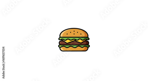 Cartoon burger with cheese, lettuce, and meat patty on a transparent background.