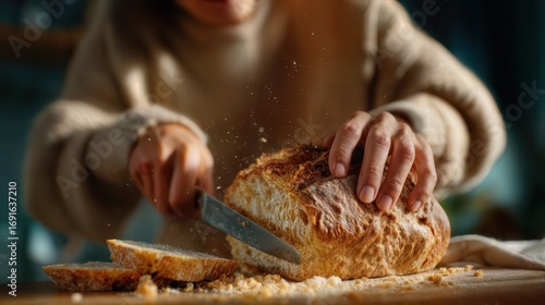 A person is cutting a loaf of fresh bread