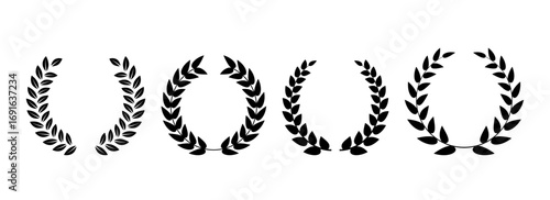 Retro laurel wreaths set. Circle winner trophy decor elements for award banner, emblem, label, badge. Black round branches with olive leaves collection. Vintage Greek triumph ornament pack. Vector