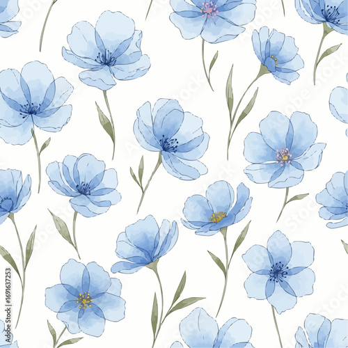 A delicate watercolor pattern featuring translucent blue flowers with thin stems and leaves on a white background.