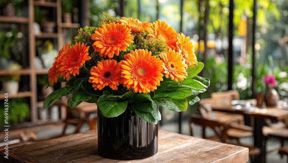 custom made wallpaper toronto digitalVibrant orange gerbera bouquet in a dark vase on a wooden table in a cafe