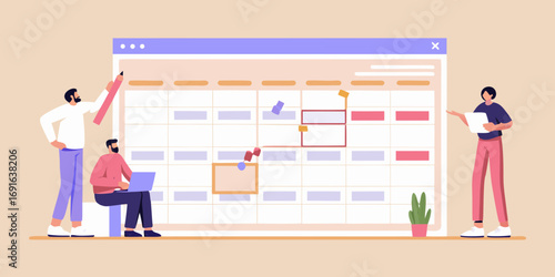 Team planning and organizing tasks on a large digital calendar interface with sticky notes and a laptop