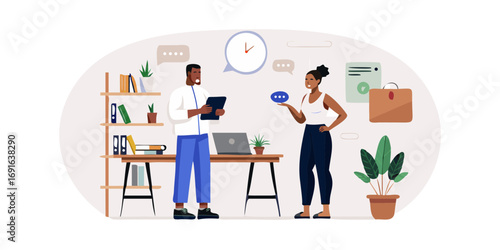 Diverse colleagues collaborating in a modern office discussing ideas and projects with speech bubbles and a clock