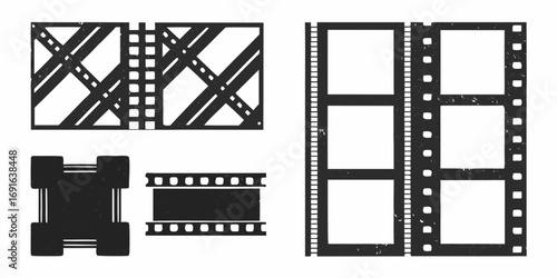 Collection of black and white film strip elements and frames with a grunge texture