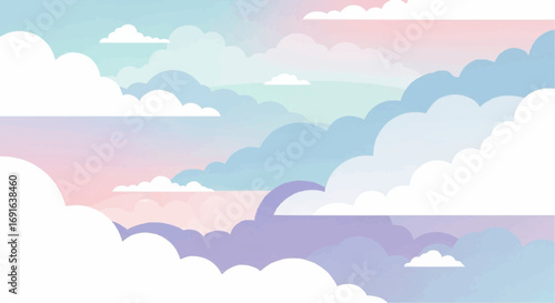 A serene and dreamy sky filled with fluffy, stylized clouds in soft pastel colors of pink, blue, and purple.